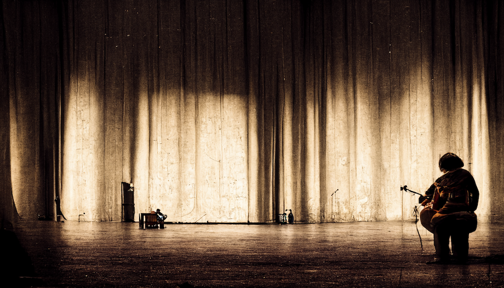 Bilde generert av Midjourney. Prompt: billy strings on stage looking lonely and sad